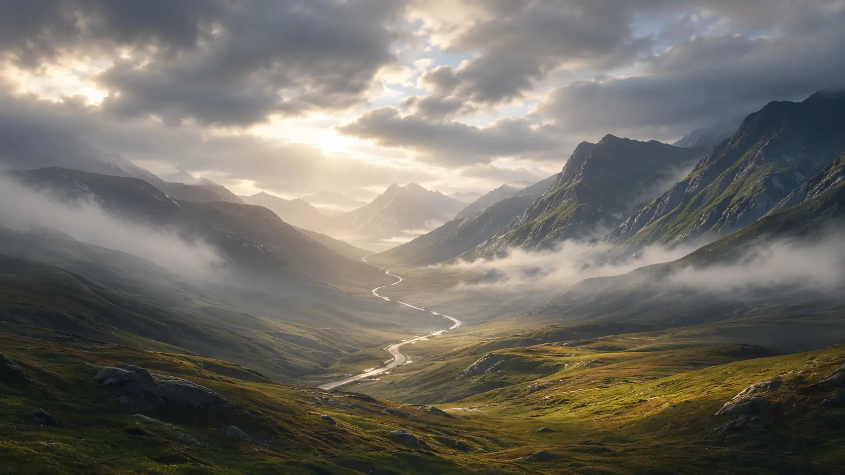 Weg die door een mistig bergdal richting het licht loopt